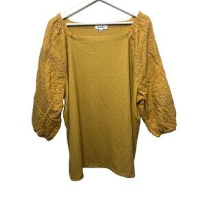 Soleillee Plus Size 2X Yellow Textured Peasant Blouse Puff Sleeve Boho Top